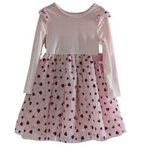 btween Girl's Velour and Tulle Pink Dress Size 4, Red Hearts, Long Sleeve, NWT